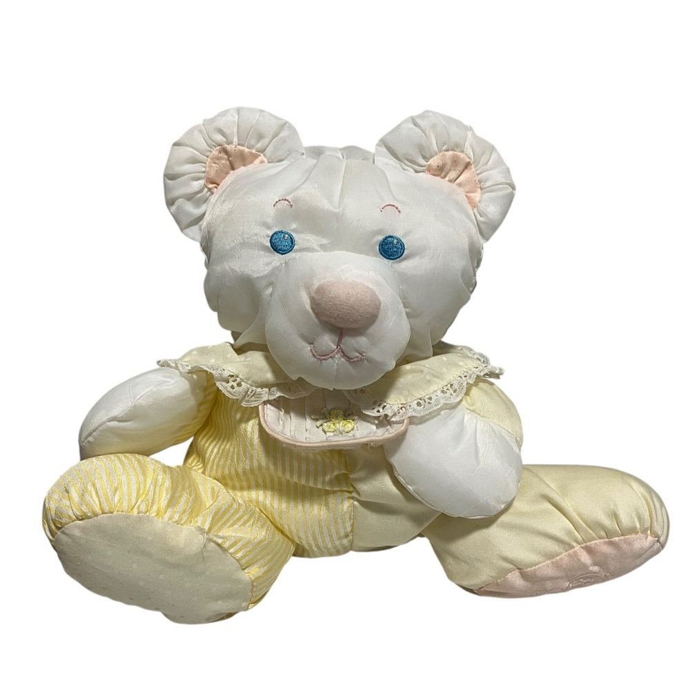 Fisher Price Vintage 80s Puffalump Nylon Baby Bear Yellow Outfit Rattle Plush